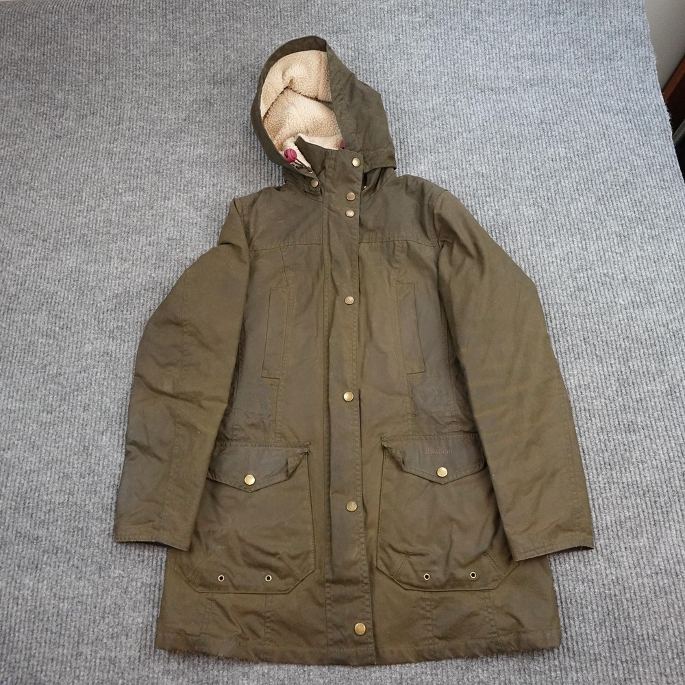 Barbour Warbler Jacket Womens 6 Green Waxed Hooded Fleece Lined Parka Coat